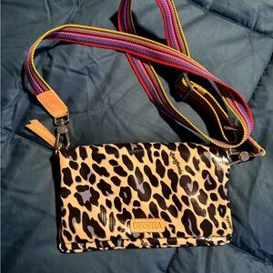 Consuela Leopard Print Crossbody with Multicolor Stripe Strap
